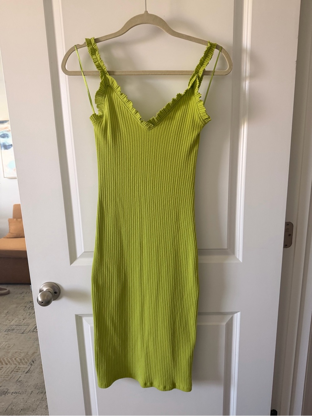 Zara Neon Lime Ribbed V-Neck Midi Dress
